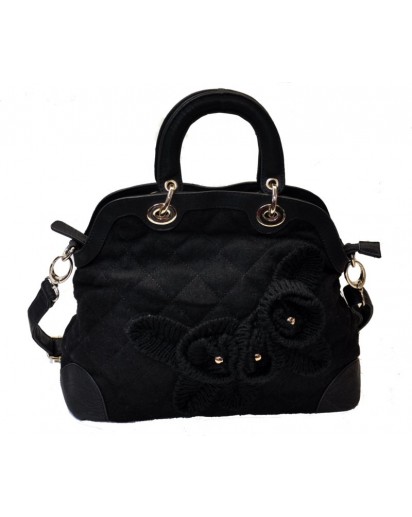 BORSA TESSUTO+APPLIC.FIORI A MAGLIA NERO