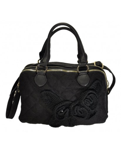 BORSA TESSUTO+APPLIC.FIORI A MAGLIA NERO