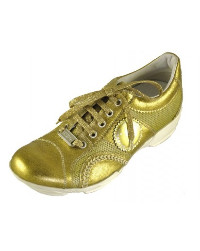SNEAKER PELLE LAMINATA E TESS. T. ORO