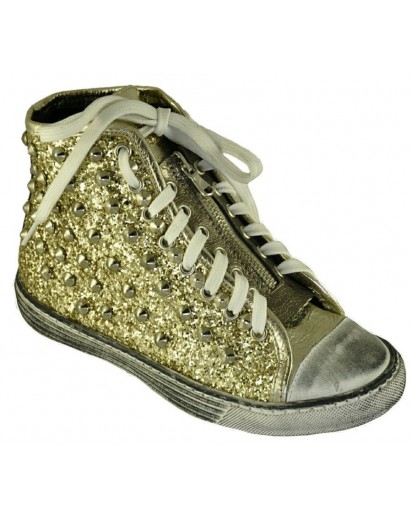 SNEAKER LACCIO+BORCHIE PELLE/GLITTER ORO
