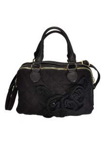 BORSA TESSUTO+APPLIC.FIORI A MAGLIA NERO